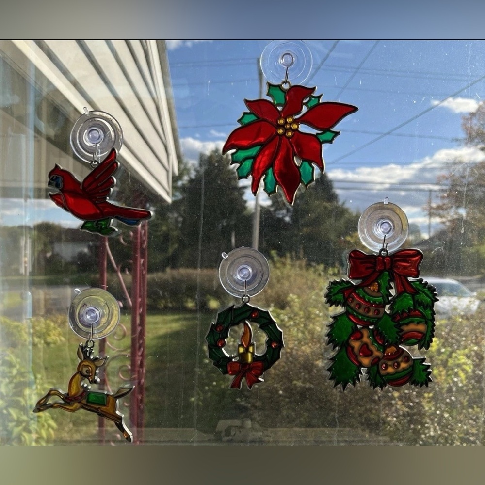 Sun Catcher Lot 5 Christmas Ornaments Cardinal Reindeer Candle Poinsettia 70s